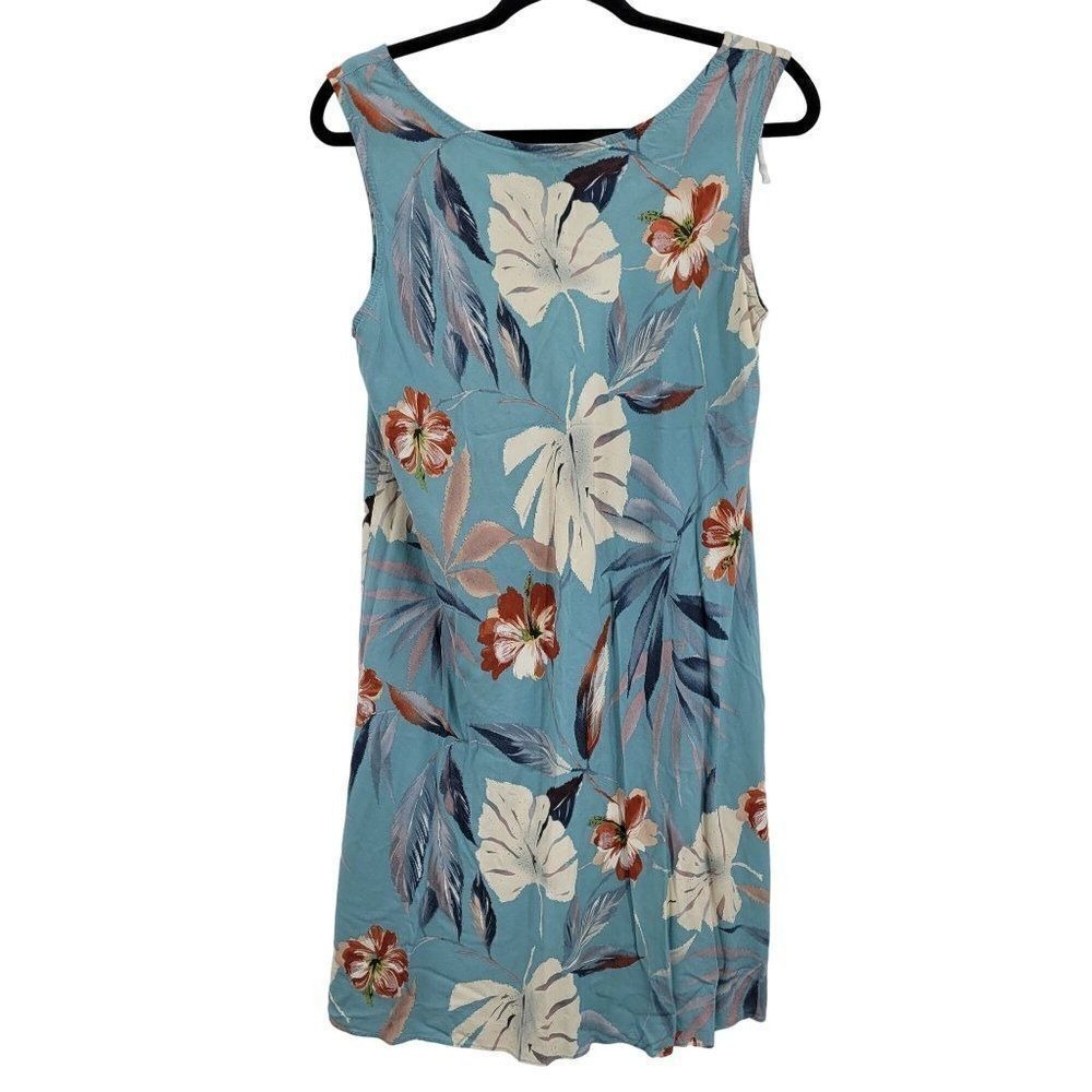 Vtg 80s Tropical‎ Hawaiian Shift Dress Sz XL Blue Palm USA Beach Island Resort